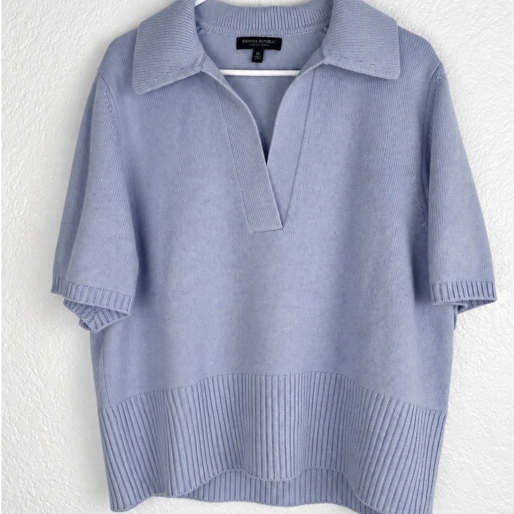100% Cashmere Banana Republic Sweater XL Blue Collared Short Sleeve Polo